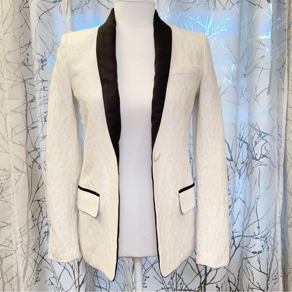A.L.C ALC cream white black leopard print collar v-neck button up blazer jacket - Picture 2 of 10